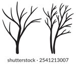 Set of winter trees without leaves silhouettes collection. Naked tree isolated on white background. Vector black bare tree, dead tree branch. Dry tree branches, roots, lonely leafless scary look 