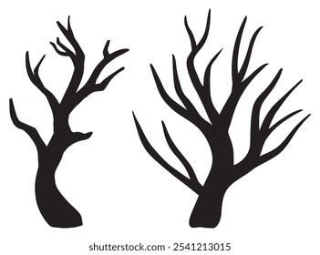 Set of winter trees without leaves silhouettes collection. Naked tree isolated on white background. Vector black bare tree, dead tree branch. Dry tree branches, roots, lonely leafless scary look 