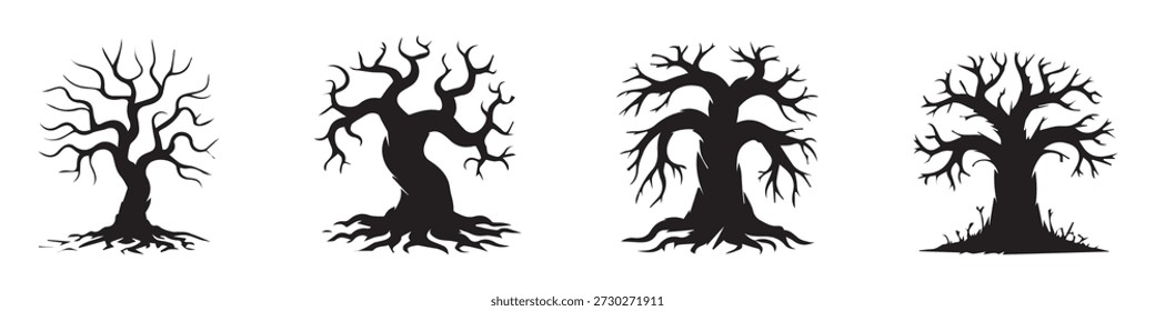 Set of winter trees without leaves silhouettes collection. Naked tree isolated on white background. Vector black bare tree, dead tree branch. Dry tree branches, roots, lonely leafless scary look 