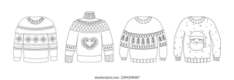 Set of winter ugly sweaters, pullovers, jumpers. Linear doodles, icons. Autumn and winter basic essentials. Cozy clothing. Line art. Coloring book.  