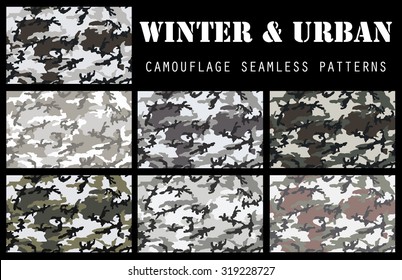 Set of WINTER and URBAN camouflage seamless patterns. Four color scheme.