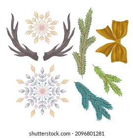 Set, winter vector illustration with antlers, fir branches, snowflakes, ribbon, handmade, card for you