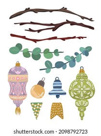 Set, winter vector illustration with christmas tree toys, flags garlands, bells, dry branches, eucalyptus branches, handmade, card for you