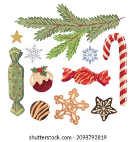 Set, winter vector illustration with Spruce branches, candies, gingerbread cookies, handmade, card for you