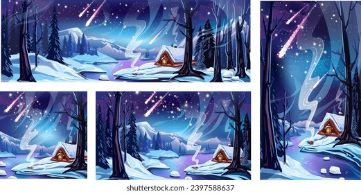 Set of Winter vector landscapes with a house and a river in the forest, vector illustration