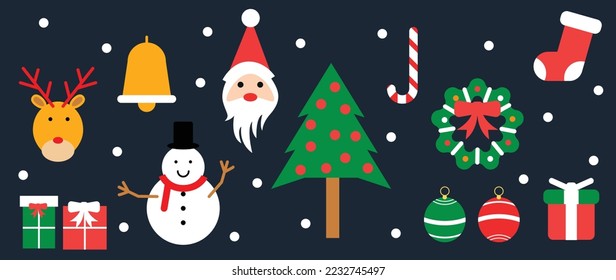 Set of winter vibrant christmas element vector illustration. Collection of christmas tree, wreath, bauble ball, sock, santa, bell, snowman. Design for sticker, card, poster, invitation, greeting.