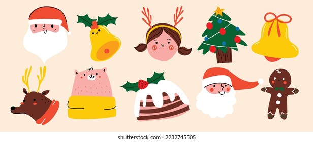 Set of winter vibrant christmas element vector illustration. Collection of cute santa, christmas tree, bell, reindeer, bear, cake, gingerbread. Design for sticker, card, poster, invitation, greeting.