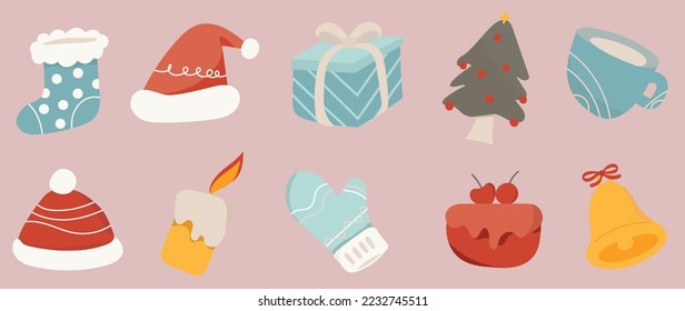 Conjunto de ilustraciones vectoriales de elementos de navidad vibrantes de invierno. Colección de calcetín, sombrero santa, caja de regalo, árbol de navidad, vela, guante, torta. Diseño para pegatinas, tarjetas, afiches, invitaciones, saludos.