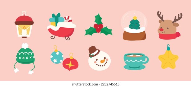 Set of winter vibrant christmas element vector illustration. Collection of candle lantern, sleigh, holly, snow crystal ball, reindeer, snowman. Design for sticker, card, poster, invitation, greeting.