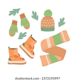 Set of winter warm clothes for children for active games in nature. Knitted hat with pompom, mittens with jacquard pattern, scarf, fur boots with bambi face. Vector illustration in flat style.