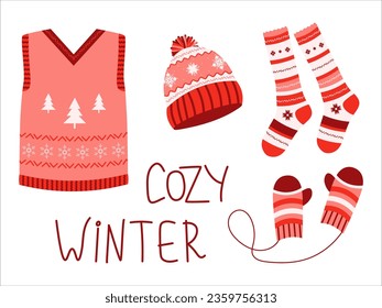 Set of winter warm clothes with handwritten text. Vector illustration for stickers, design, decoration