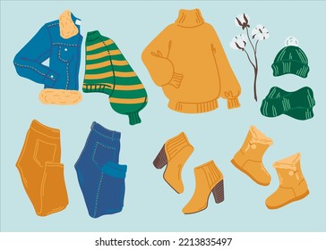 Set of winter warm clothes. Sweaters, jacket, pants, hat and shoes in cute style. Design elements. Vector illustration in a flat style.