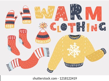 Set of winter warm clothing consisting of sweater, gloves, hat or cap, scarves, scarf. Collection of colorful clothes, bright clothing, clothing store. Vector cartoon illustration in modern concept