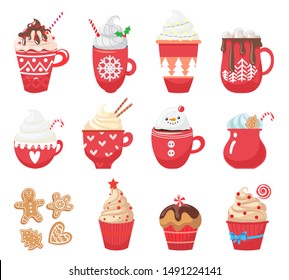 Set with Winter warm drinks and dessert. Menu. Collection Christmas with funny cups and mug. Cacao, tea, coffee, milk, cookie, candy. Vector illustration