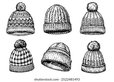 Set of winter warm hat. Headwear. On a white background