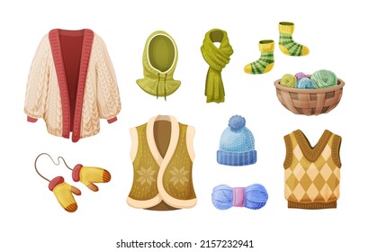 Set of winter warm knitted clothing and accessories. Cozy cardigan, scarf, hat, socks and sleeveless cropped vest. Seasonal clothes for cold weather. Wool yarn for knitting, crocheting cartoon vector