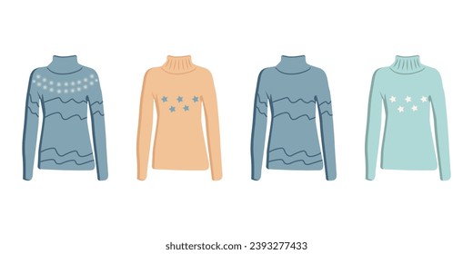 Set of winter warm a white background. Colored sweaters with different patterns. Design clothing store flyer booklet. Vector illustration.