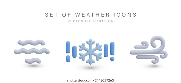 Set of winter weather icons in 3D style. Sign of fog, snowfall, strong wind