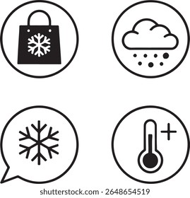 Set of Winter Weather Icons Depicting Snowy Conditions, Chilly Temperatures, Snowflake Shape, and Shopping with Winter Themes