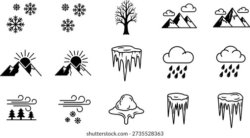 Set of winter weather line icons including snowflakes, mountains, icicles, rain clouds, sunrise over peaks, freezing wind, bare trees, and melting ice blocks.