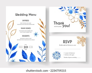 Set of winter wedding cards with blue and gold snowflakes and florals on white background.