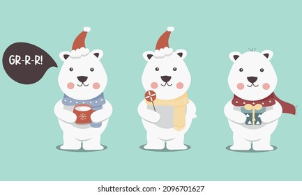 Set of winter white Christmas bears with scarf, hat, and cup