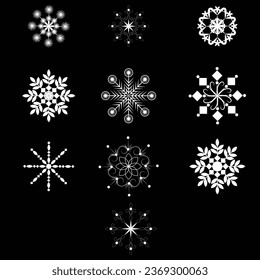 conjunto de copos de nieve blancos en caída de invierno sobre fondo oscuro. icono de ilustración vectorial aislado o silueta como copo de nieve