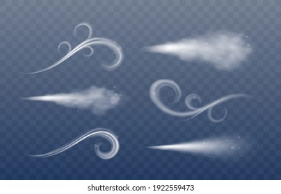 A set of winter wind blow and whirlwind. Design of cold air swirl, snow cloudiness or mist with snowflakes. Vector isolated symbols of snowy weather on blue background.