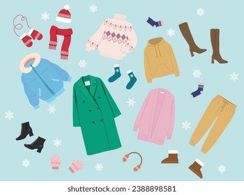 Set of winter women clothes illustration vector isolated on colored background. Clothes, boots and accessories for women
