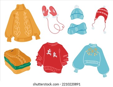 Set of winter women's clothing. Sweaters, mittens, hats in a cute style. Design elements. Vector illustration in a flat style.