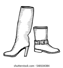 Set of winter women's shoes, boots. In the style of line art