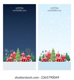 Set of Winter wonderland day and night template. Merry Christmas and Happy New Year greeting card vector illustration have blank space.