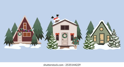 Set of Winter wooden vector cute house. Decorated facade of house for Christmas, New year celebration. Houses set in Scandinavian simple retro style. Christmas houses in snow