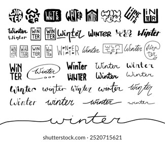Conjunto de palabras de INVIERNO. Letras de Vector para estampados de temporadas, carteles, tarjetas, invitaciones. Dibujo negro de la mano en el fondo aislado blanco.