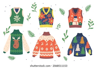 Set of Winter Xmas Pullovers with Funny Ornament Snowman, Snowflake or Deer. Traditional Christmas Ugly Sweater Isolated on White Background. Knitted Funny Party Wear. Cartoon Vector Illustration