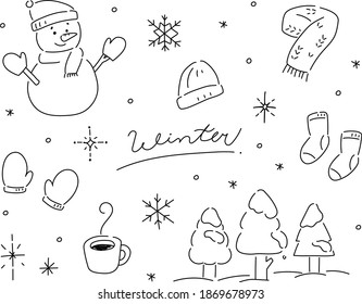 A set of winter-related doodle illustrations such as snowmen, snow-covered trees, snowflakes, mufflers, gloves, mugs, knit hats, socks, etc.