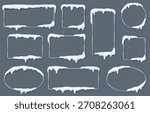 Set of winterthemed frames with frosted snow and ice edges. Various shapes including circles and rectangles. Designed on transparent background for winter decor.