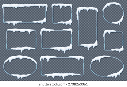 Set von winterthemed Rahmen mit frostigen Schnee und Eis Kanten. Verschiedene Formen, einschließlich Kreise und Rechtecke. Entworfen auf transparentem Hintergrund für die Winterdekoration.
