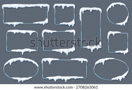 Set of winterthemed frames with frosted snow and ice edges. Various shapes including circles and rectangles. Designed on transparent background for winter decor.
