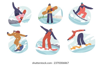 Set Wintertime Activity and Extreme Outdoors Snowboarding Sport. Men and Women in Sportive Costume Making Jumping Stunts