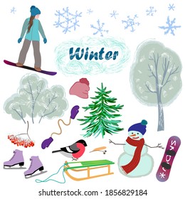 Set of wintertime elements. Winter seasonal objects and activities.