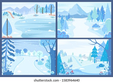 Set of wintry landscapes. Collection of winter forests with blizzards and snowfalls. Tranquil rural area, outdoors scenery. Mountains and streets, serenity of countryside. Vector in flat style