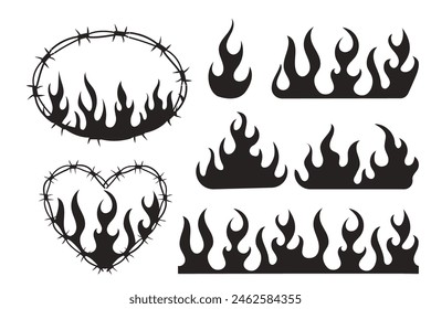 Set Wire Barb heart, oval frame y2k tattoo border, flame silhouette gothic spiky punk print neo tribal isolated on white background. Barbwire emo boundary heart shape.