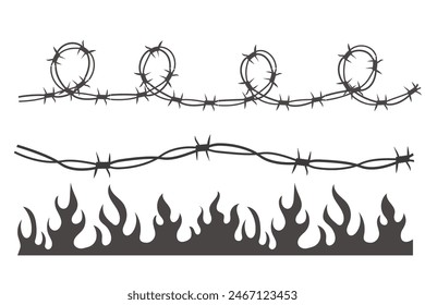 Set Wire Barb heart, y2k tattoo border, flame silhouette gothic spiky punk print pattern neo tribal isolated on white background. Barbwire emo boundary