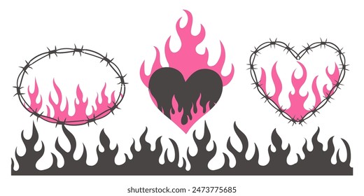 Set Wire Barb pink heart, oval frame y2k tattoo border, flame silhouette gothic spiky punk print neo tribal isolated on white background. Barbwire emo boundary heart shape.