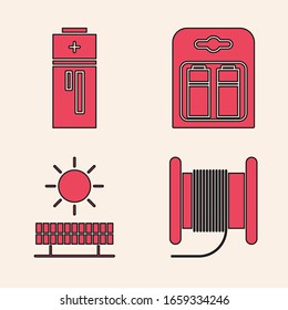 Set Wire electric cable on a reel or drum, Battery, Battery in pack and Solar energy panel and sun icon. Vector