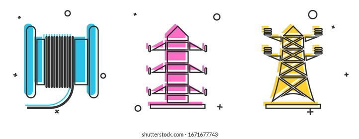 Set Wire electric cable on a reel or drum, High voltage power pole line and High voltage power pole line icon. Vector