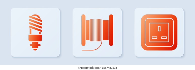 Set Wire electric cable on a reel or drum, LED light bulb and Electrical outlet. White square button. Vector