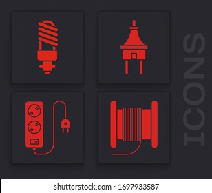 Set Wire electric cable on a reel or drum, LED light bulb, Electric plug and Electric extension cord icon. Vector