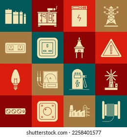 Set Wire electric cable on a reel or drum, Wind turbine, Exclamation mark triangle, Power bank, Electrical outlet, Battery and plug icon. Vector